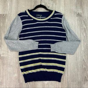 THML Medium navy grey yellow striped sweater collegiate fall vibes